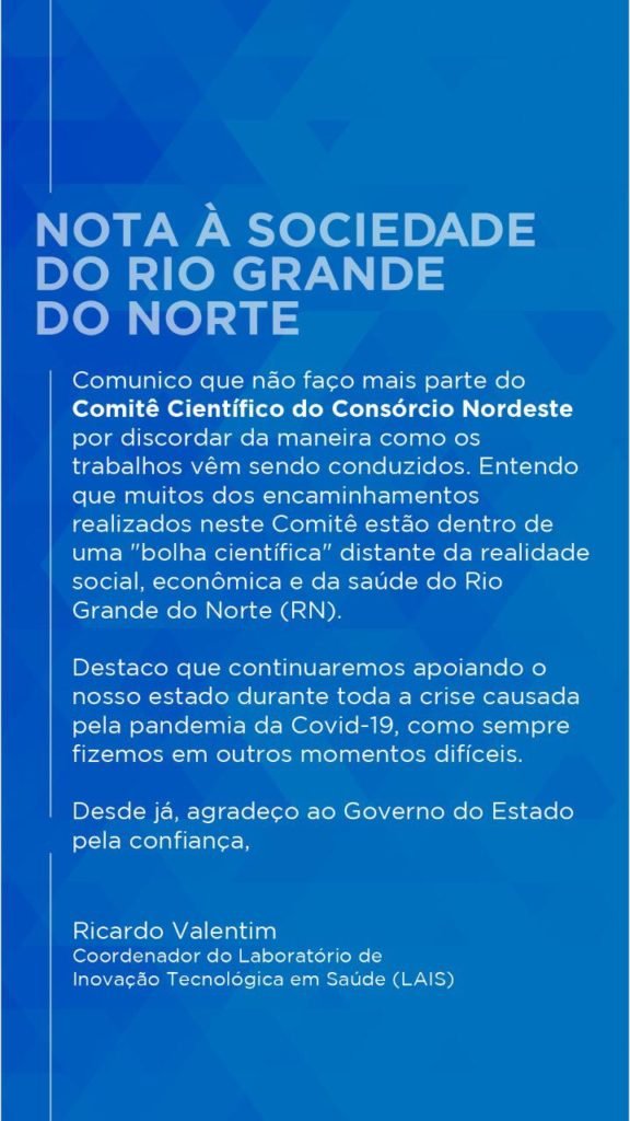 Ricardo Valentim deixa o Comitê Científico do Consórcio Nordeste