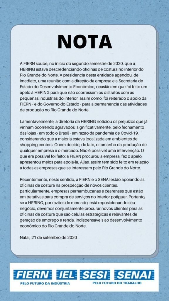Em nota, Fiern esclarece ações para evitar a saída da Hering do RN