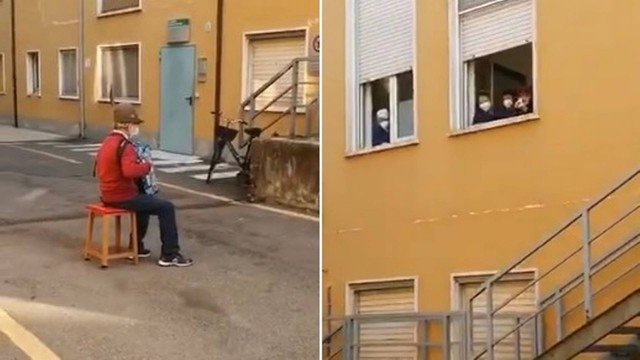 No pátio de hospital, italiano de 81 anos faz serenata para a mulher, internada