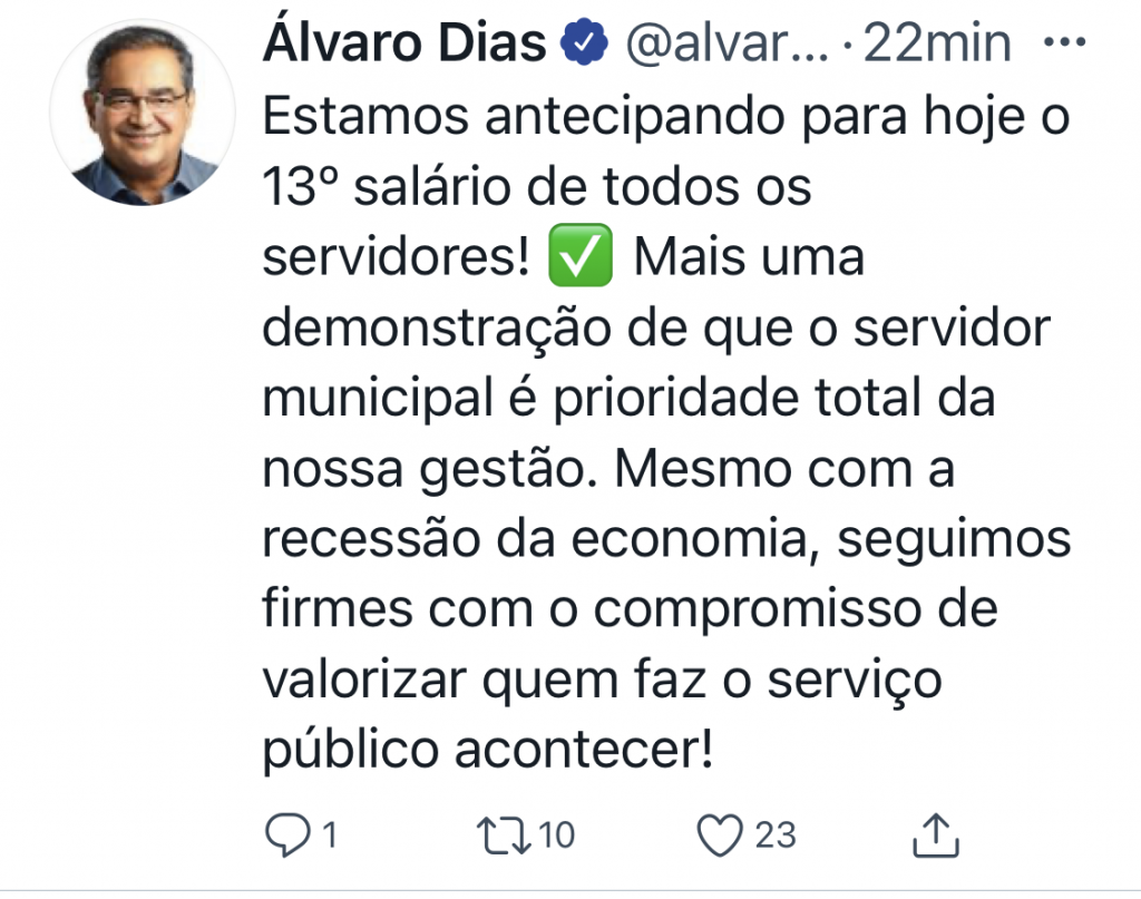 Álvaro Dias anuncia antecipação do décimo terceiro para o servidor municipal