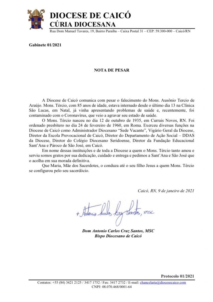 Diocese de Caicó, em nota de pesar, comunica a morte do Monsenhor Tércio