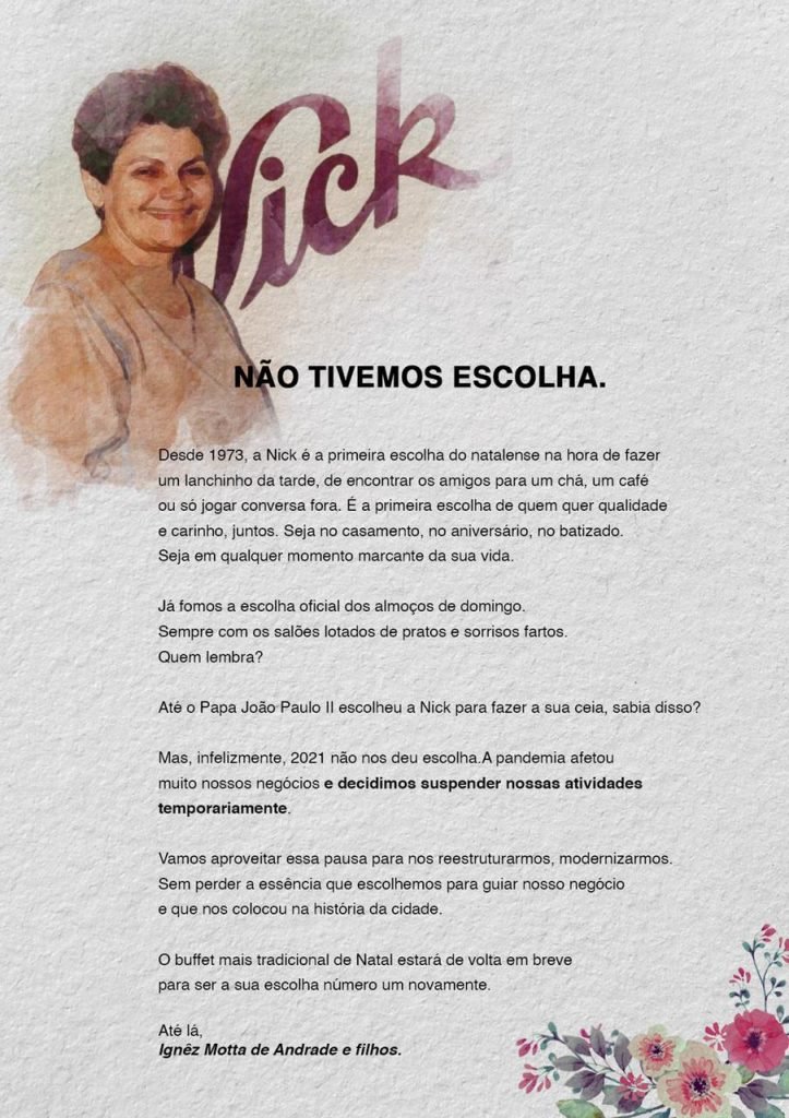 “Não tivemos escolha”. Diz Dona Ignês Motta ao anunciar a suspensão das atividades do buffet