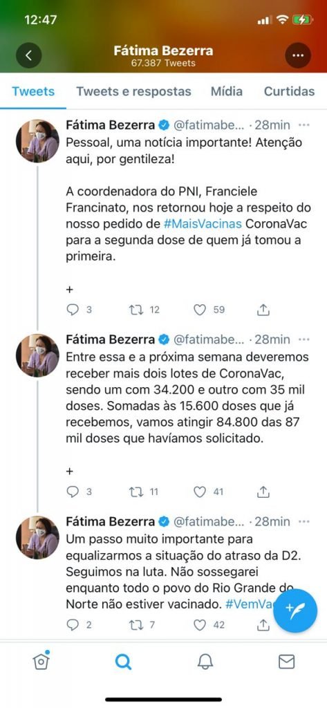 Governadora anuncia mais 84 mil doses de Coronavac