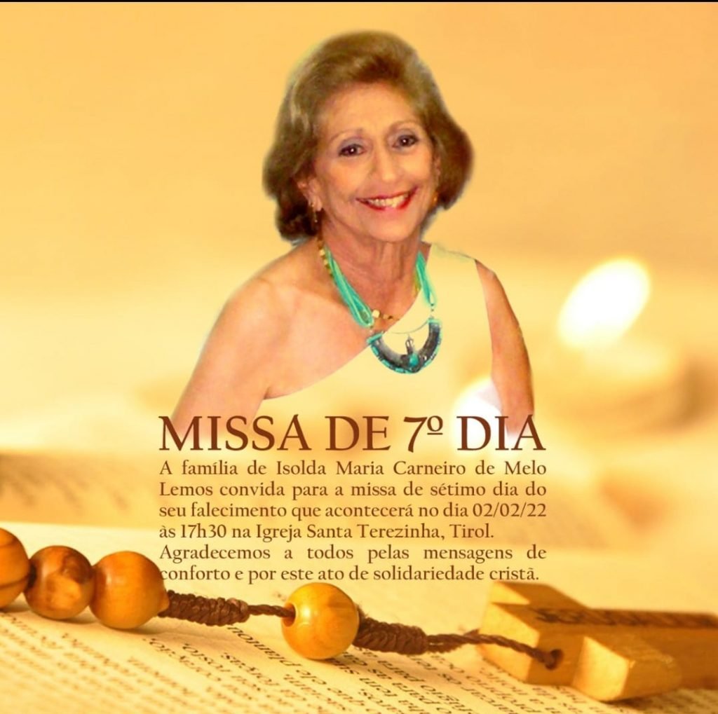 Missa de sétimo dia de Isolda Lemos será no dia 2 de fevereiro