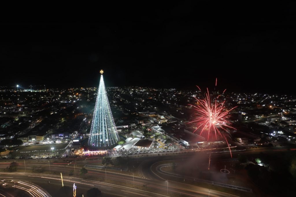 Símbolo do Natal em Natal, Árvore de Mirassol é acesa com as cores das campanhas sociais