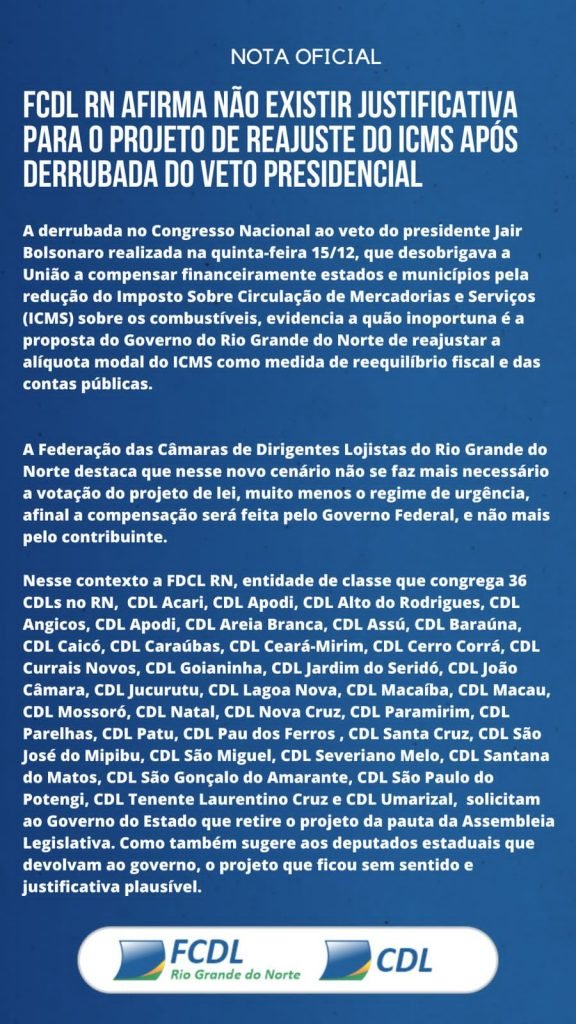 FCDL RN afirma não existir justificativa para o projeto de reajuste do ICMS