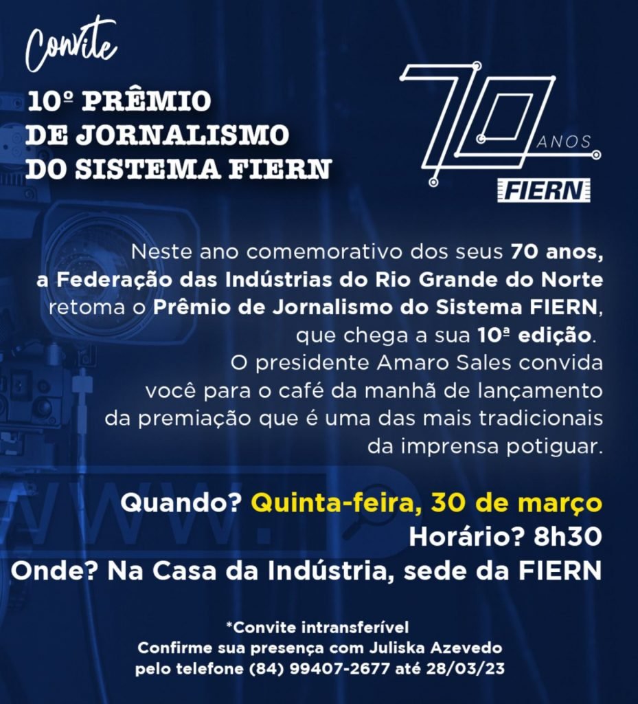 Nesta quinta será anunciado o 10º Prêmio de Jornalismo da FIERN