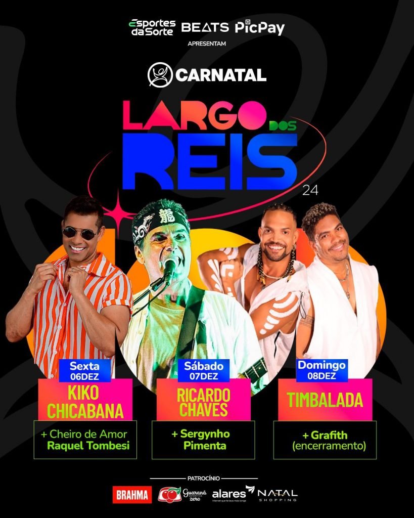 Carnatal 2024: Kiko Chicabana, Ricardo Chaves e Timbalada são as atrações gratuitas, na estreia do Largo dos Reis