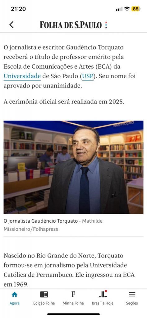 Jornalista e escritor Gaudêncio Torquato será Professor Emérito da USP