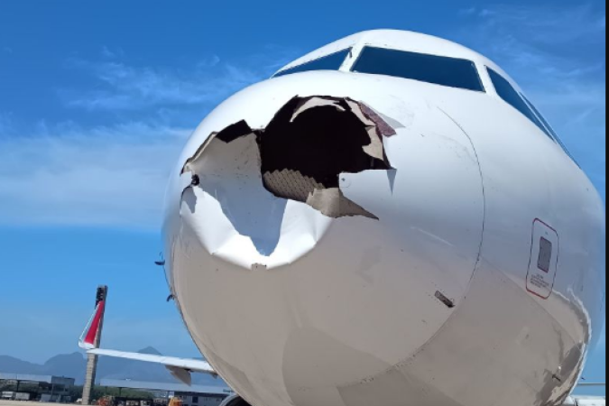 Avião da Latam colide com pássaro ao decolar do Galeão e quebra o bico. Estrago é impressionante