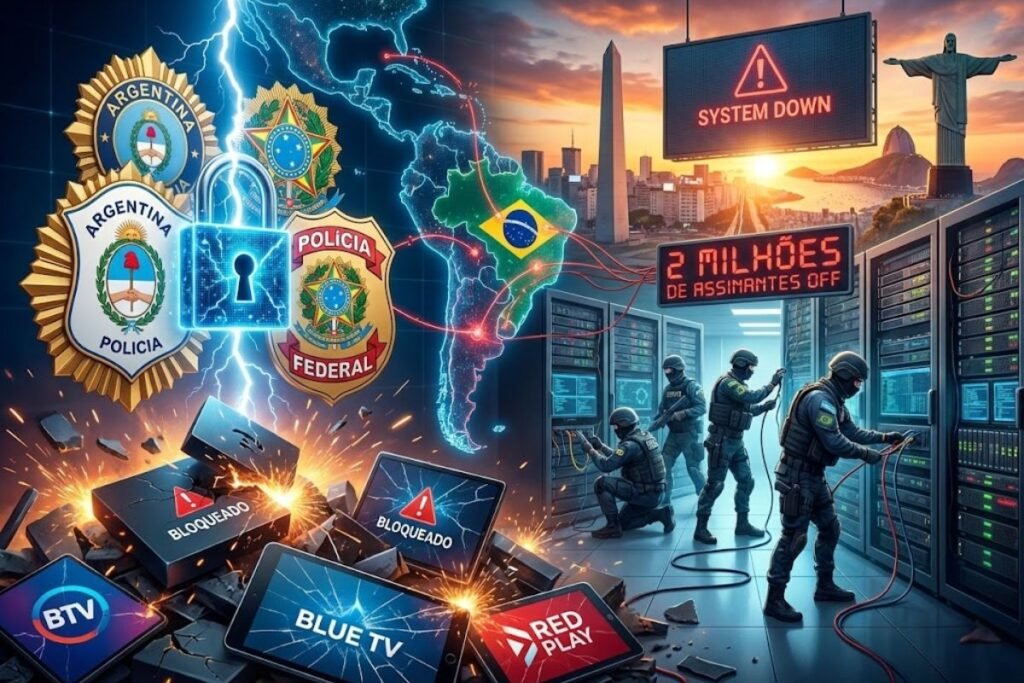 Nova ofensiva na Argentina derruba 22 apps de streaming pirata usados no Brasil, como BTV, Blue TV e Red Play, e deixa 2 milhões de assinantes sem acesso de repente