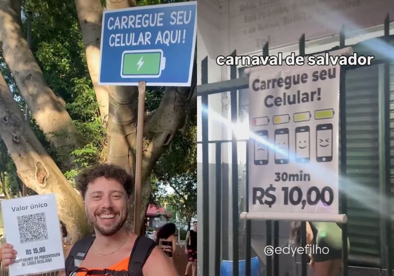 Alugar carregador de celular é o novo negócio no Carnaval; ganhar dinheiro na folia; assista