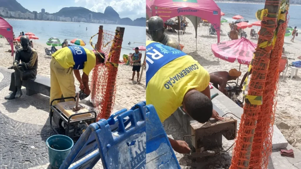 Turista tenta quebrar coco e danifica banco da estátua de Drummond em Copacabana