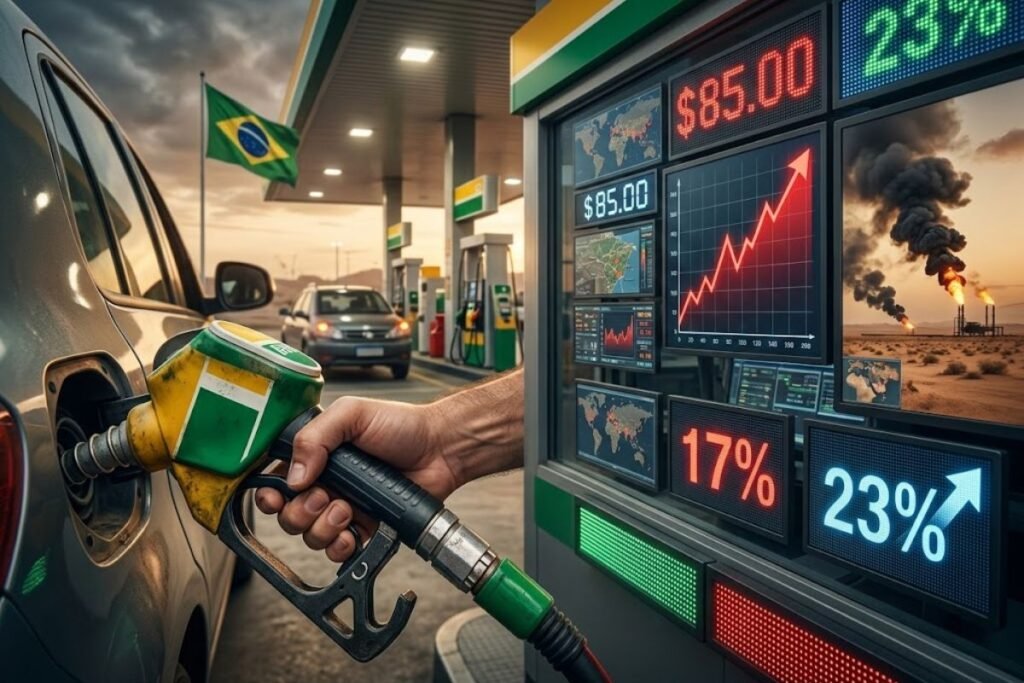 Preço da gasolina no Brasil pode disparar após ataques no Oriente Médio elevarem o barril do Brent para até 85 dólares, ampliando defasagem de 17% na gasolina e 23% no diesel nas refinarias da Petrobras