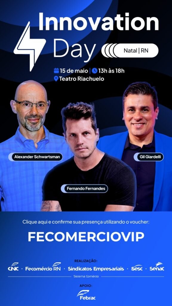 A Fecomércio RN realizará no dia 15 de maio, às 13h, no Teatro Riachuelo, o Innovation Day