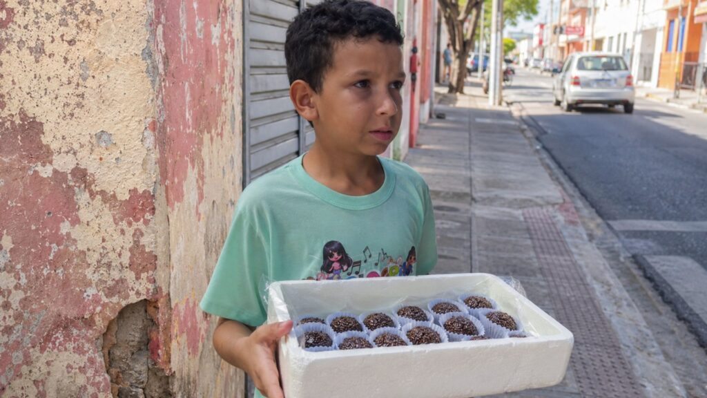 Aos 9 anos, menino de Natal larga as brincadeiras para vender na rua os brigadeiros da madrasta e ajudar o avô com Parkinson, mas as vendas mal pagam e o sonho da família é só comprar uma máquina de fazer doce