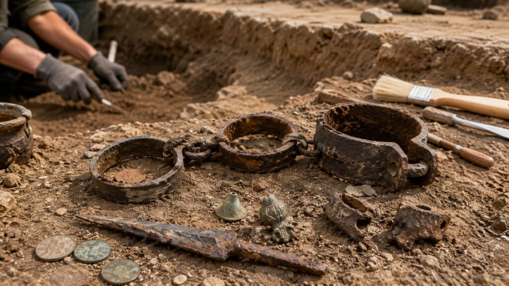 Arqueólogos não imaginavam encontrar cinco grilhões de ferro em um sítio celta de 2.300 anos na França, e peças raríssimas podem revelar comércio de pessoas escravizadas