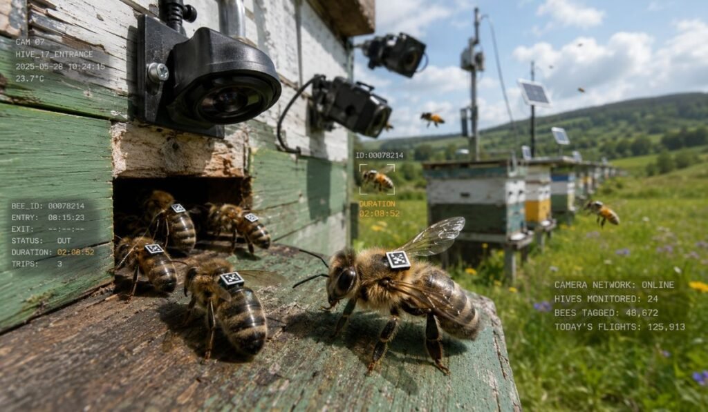 Cientistas colaram etiquetas semelhantes a QR codes nas costas de mais de 32 mil abelhas, instalaram câmeras 24 horas nas entradas de seis apiários