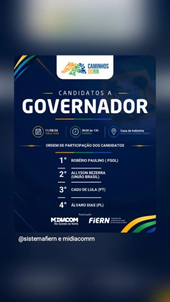 Caminhos do RN: FIERN e MIDIACOM/RN sabatinam candidatos ao Governo e ao Senado nos dias 11 (terça) e 12 (quarta) de agosto*